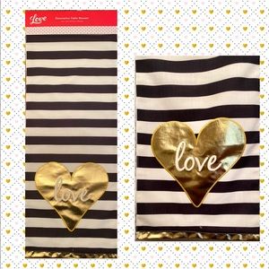 Valentine’s Day Black & White Striped Table Runner With Gold Shiny Heart & Trim